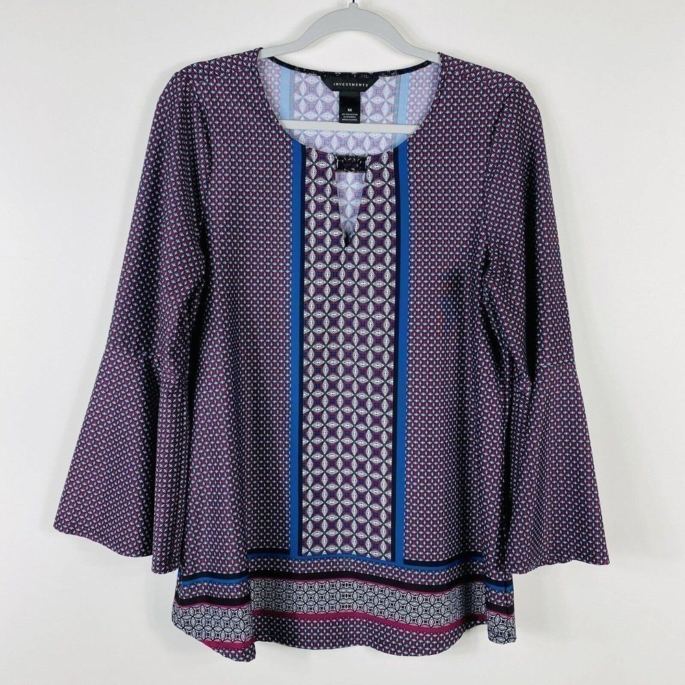 Investments Size Medium Printed Bell Sleeve Keyhole Neck Blouse Top